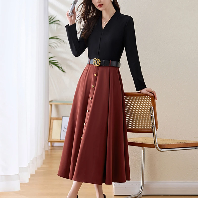 妈妈假两件撞色长袖连衣裙女春季新款气质休闲百搭收腰显瘦长裙子