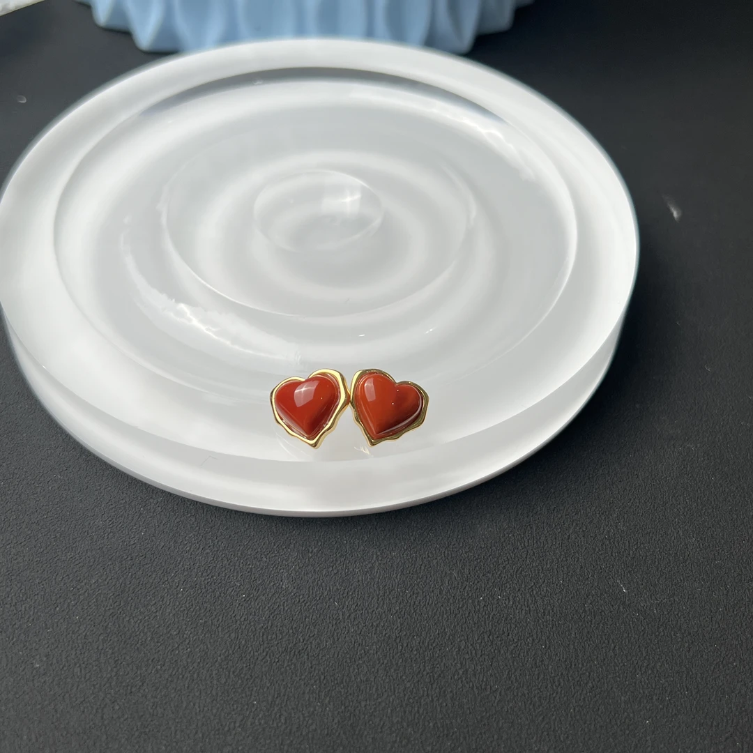 瓦西料南红爱心耳钉S925银