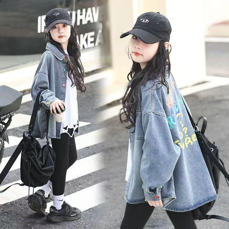 女童衬衫春洋气中大童炸街外套儿童休闲时髦秋装翻领牛仔衬衣秋D