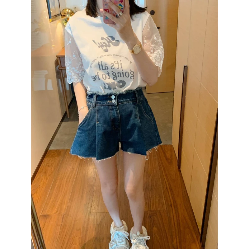 【张静芝】做旧字母印花拼蕾丝花边袖T恤