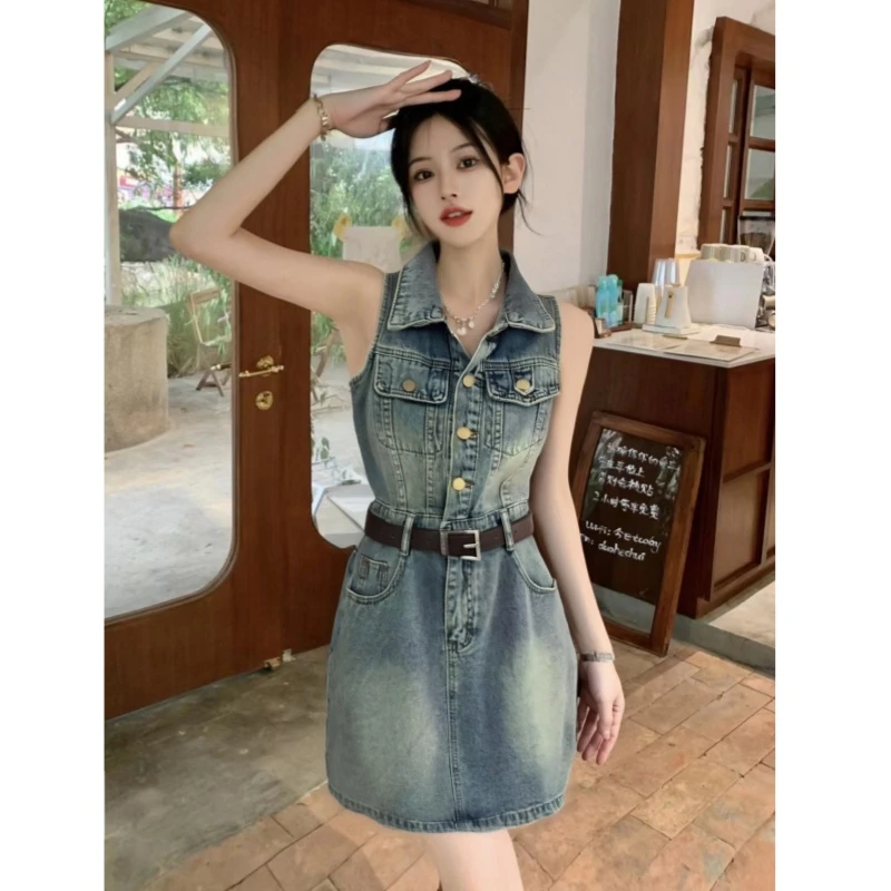 【送腰带】新款复古气质休闲无袖牛仔连衣裙女夏季韩版显瘦短裙0052