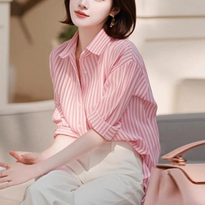 哥弟阿玛施正品衬衣女款2025年春秋季新款粉红色条纹衬衫长袖上衣