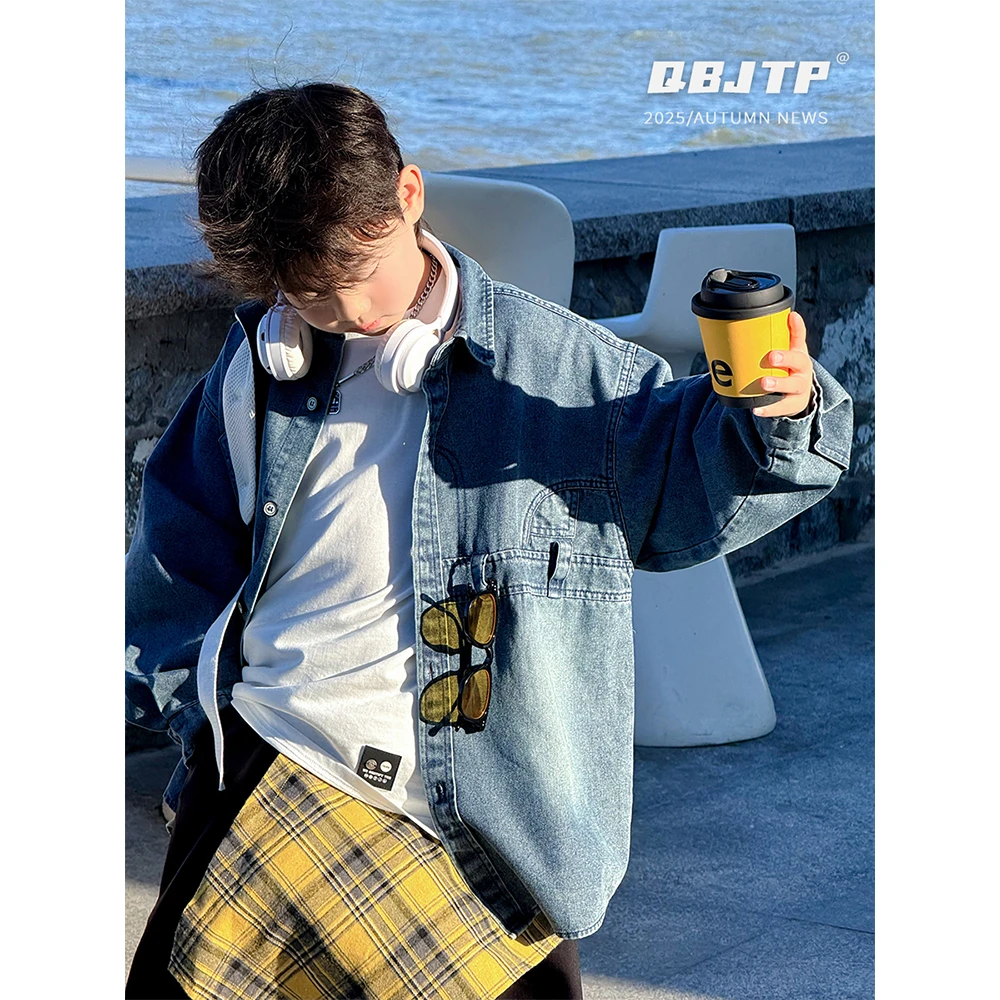 Q宝家童品8月新款 男童牛仔衬衫2025秋款ins儿童长袖衬衣宝宝上衣