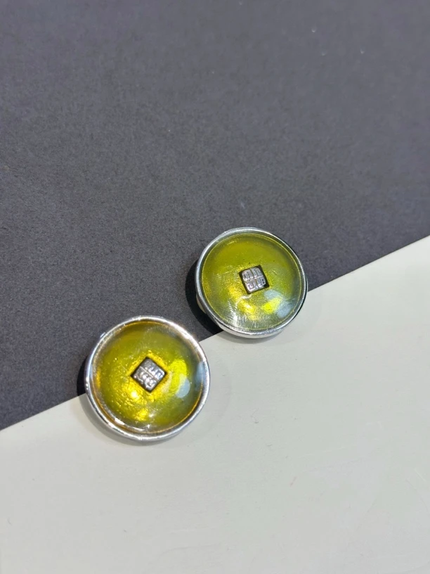 铜合金珐琅耳饰 Vintage G家草绿色纽扣耳夹