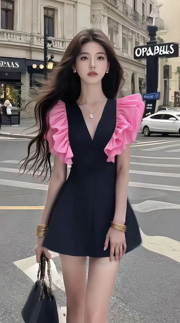 夏季新款温柔穿搭V领黑色收腰粉袖连衣裙轻奢时尚小众高级氛围感