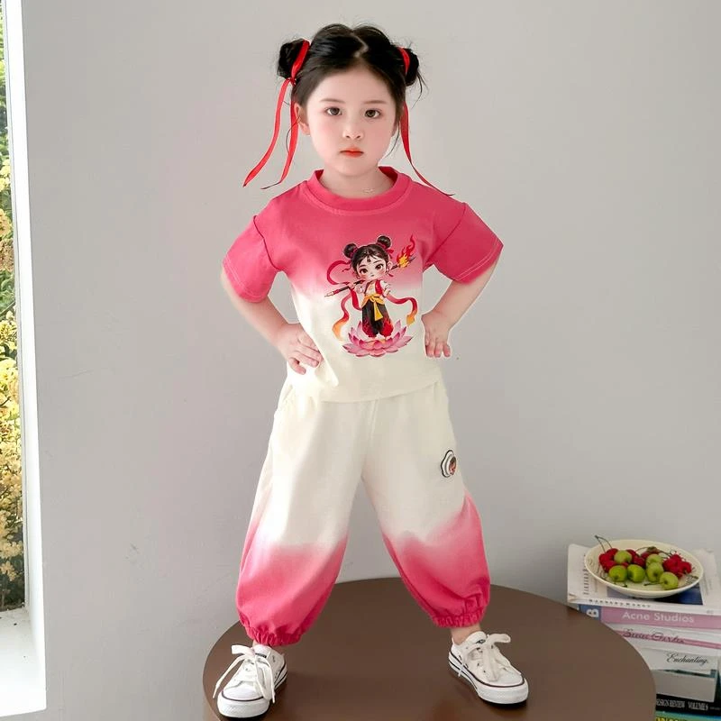 FAVMARTHA小哪吒儿童服装女童夏天短袖t恤套装运动女孩会发光带闪