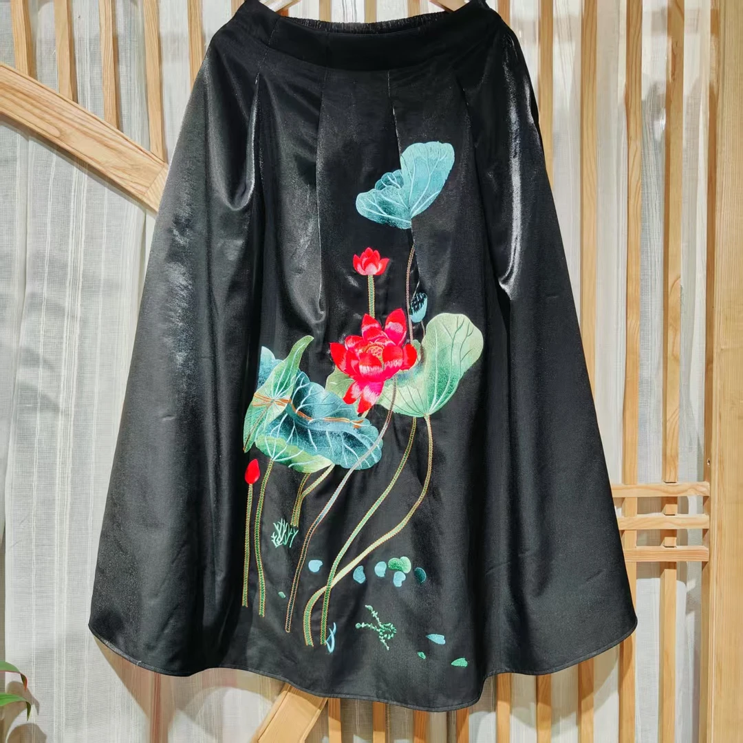 凤徕兮私人定制黑色光板荷叶花刺绣半松紧半身裙（LK031-4）LK031-8