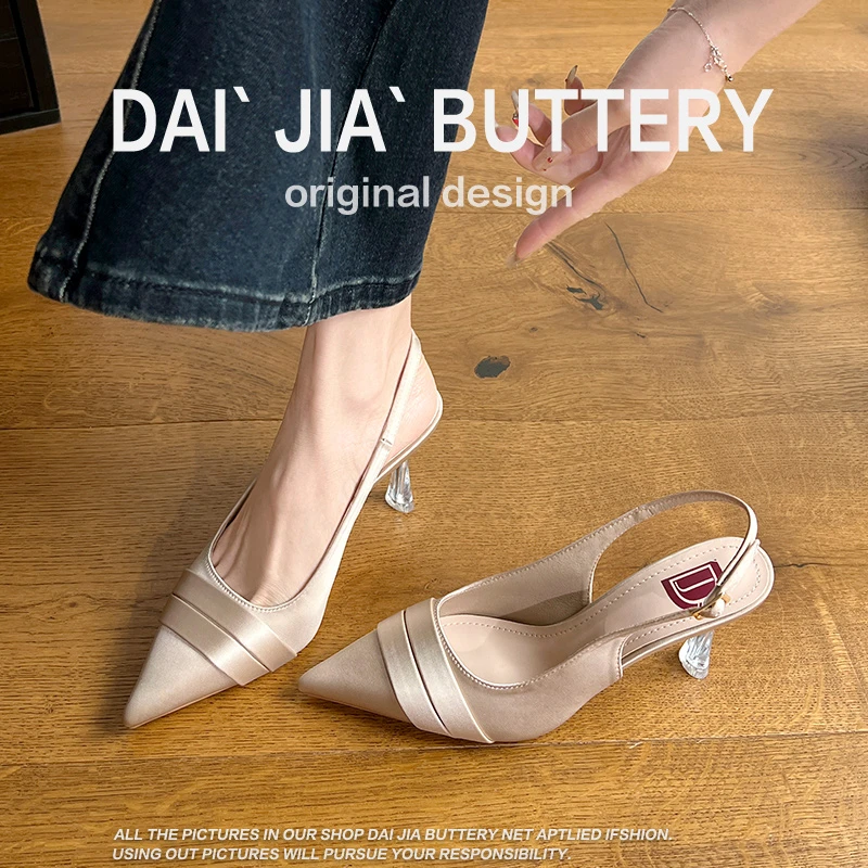 新款温柔法式绸缎尖头细跟高跟鞋女名媛风2025春夏新款气质凉鞋女