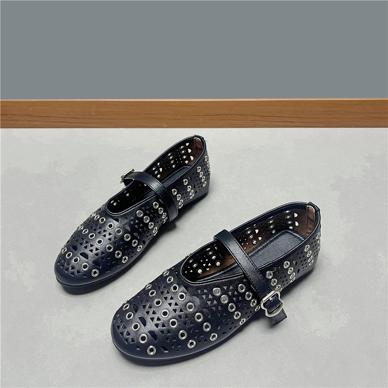 羊皮版~重工铆钉镂空真皮玛丽珍鞋平底一字带真皮单鞋女2025新款