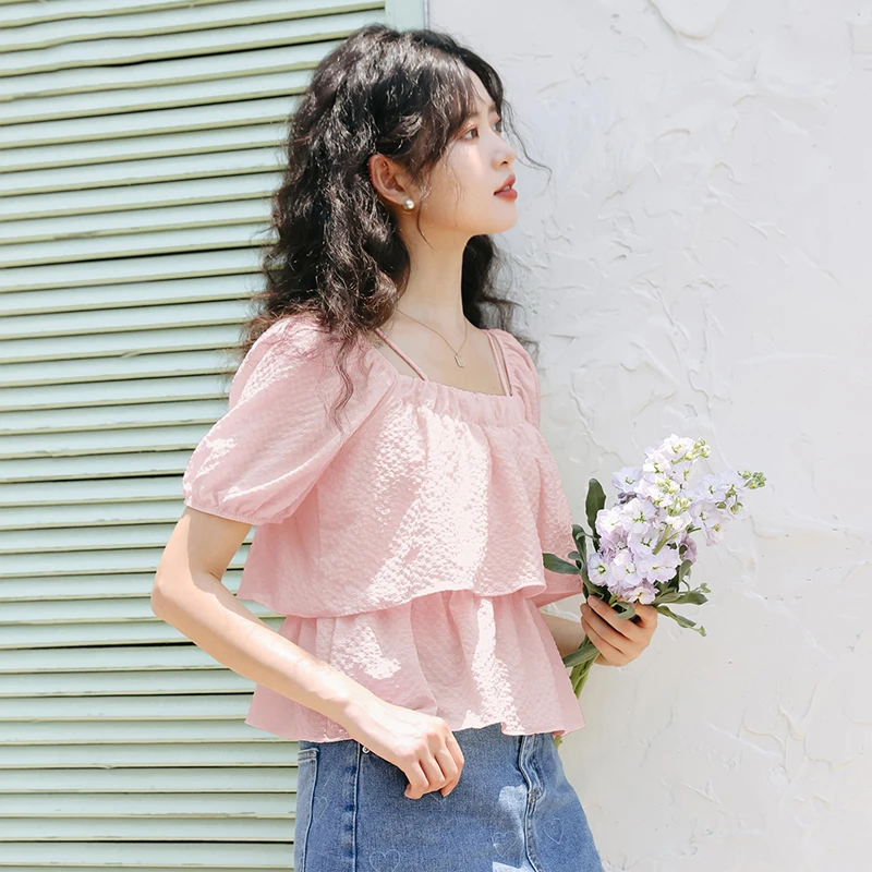 法式一字肩泡泡袖上衣女2024夏季新款别致设计感小众辣妹吊带衬衫
