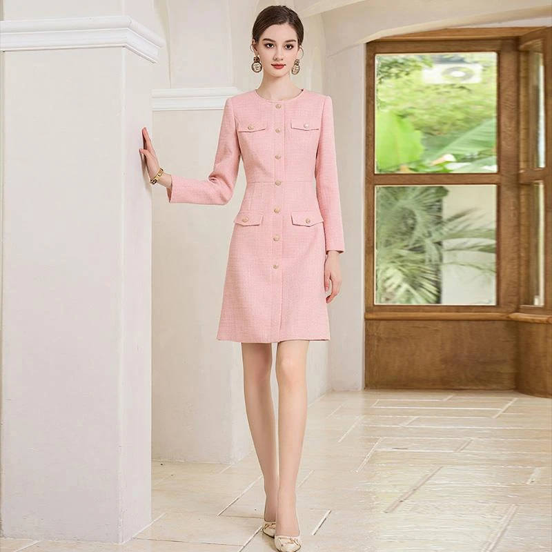 法小曼名媛小香风粉色连衣裙女修身法式西装裙气质美容师工作服潮