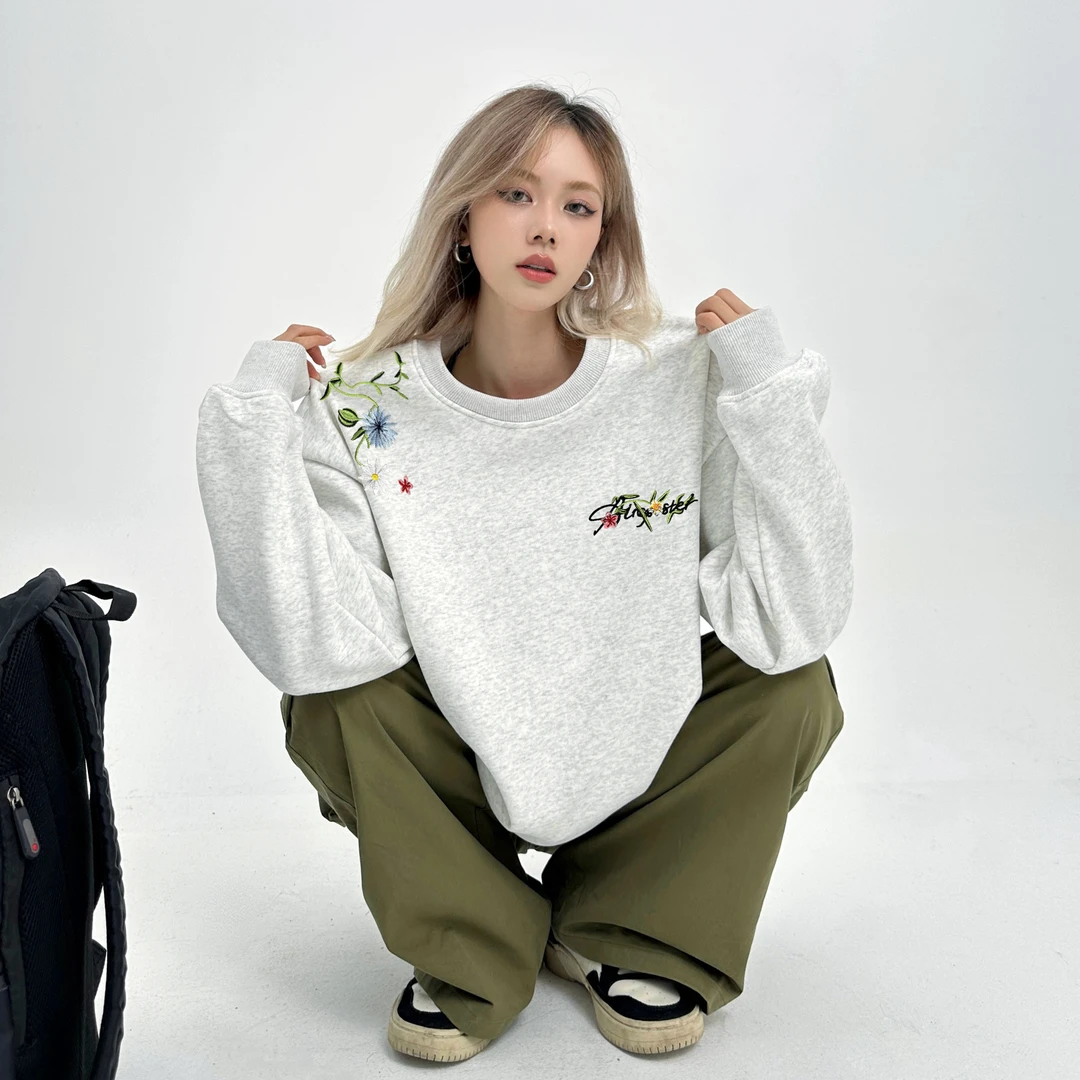 刺绣花卉圆领加绒卫衣秋冬季2025新款男女薄款宽松情侣装外套上衣