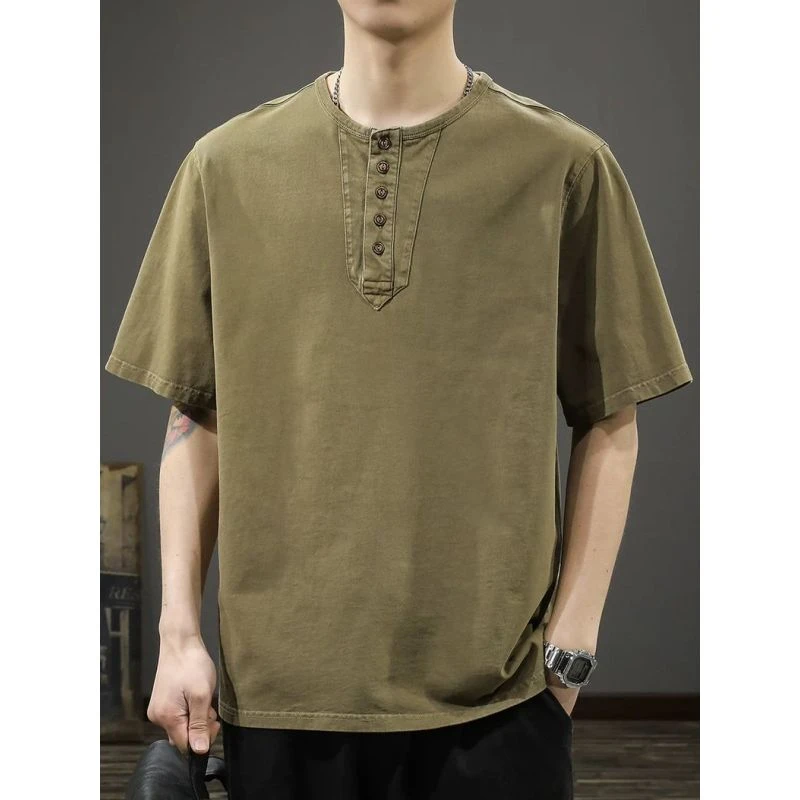 夏季大码300斤ins潮牌亨利领短袖t恤男宽松纯棉美式复古重磅体恤