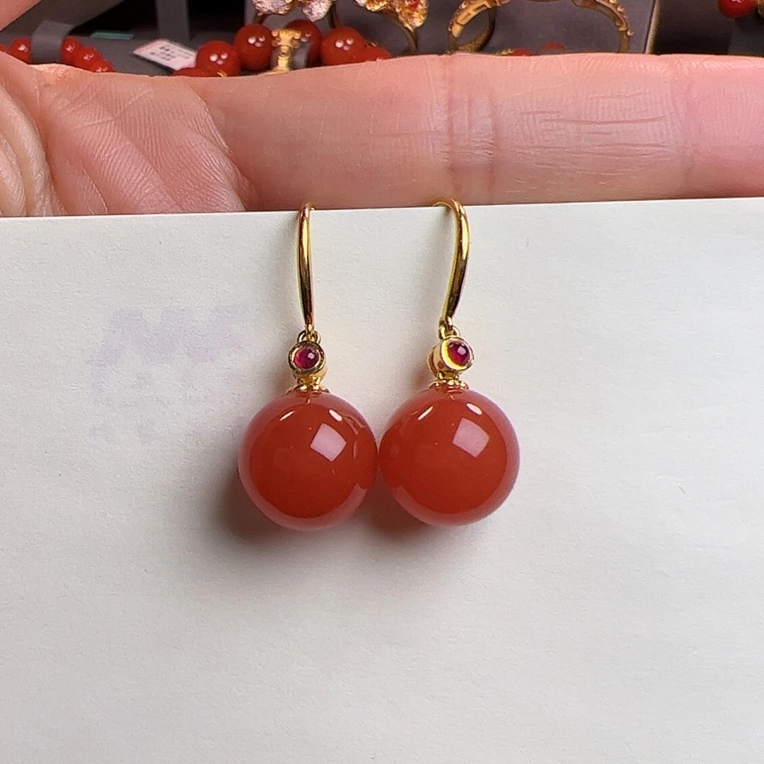 南红玛瑙18K金圆珠耳坠18K金镶嵌