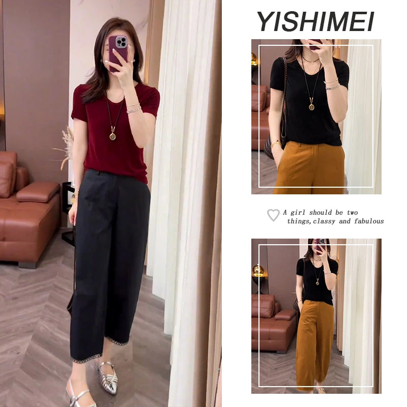 夏季时尚穿搭2025年新款纯色v领百搭短袖t恤休闲裤两件套装