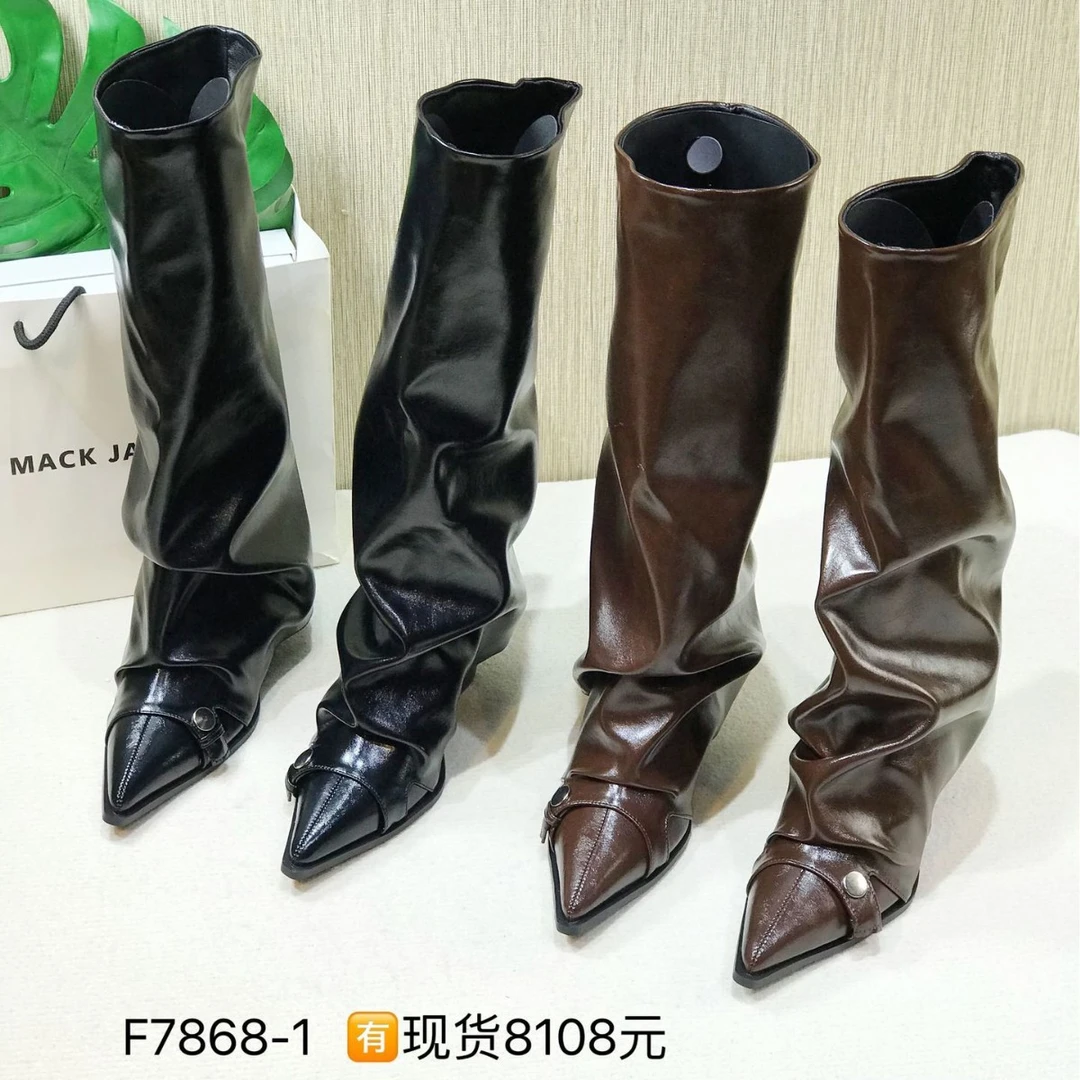 F7868-1欧美ins潮高跟两穿裤管靴2025年秋冬新潮款尖粗跟气质短靴