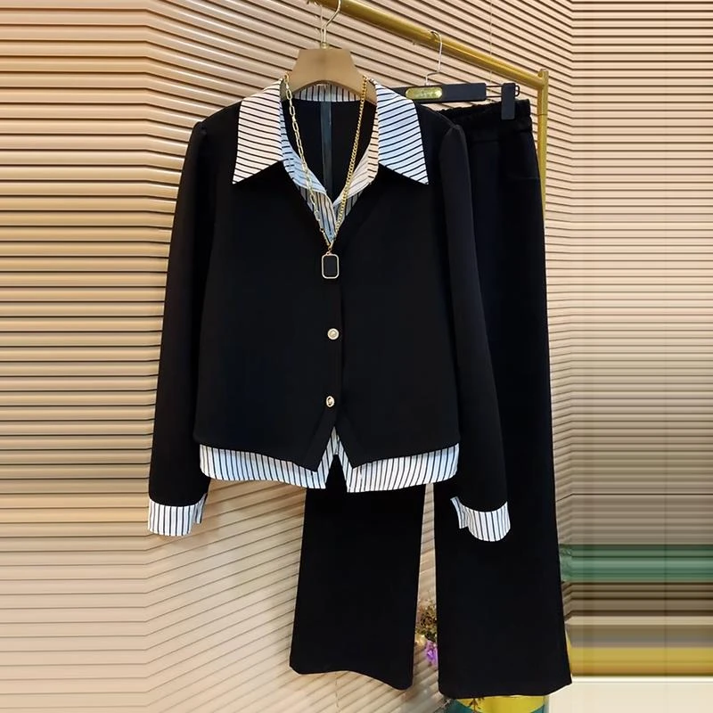 时髦气质2024新款衬衫领拼接假两件上衣阔腿裤两件套胖MM大码显瘦