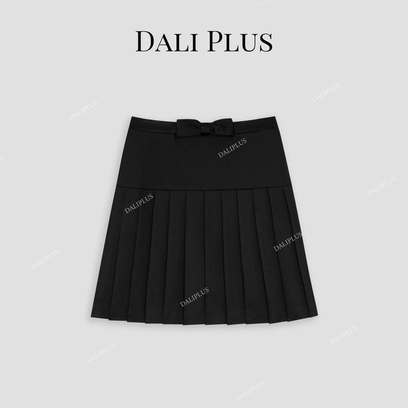 DALI PLUS高腰黑色醋酸蝴蝶结百褶半身裙气质简约短裙-D4JJ0025