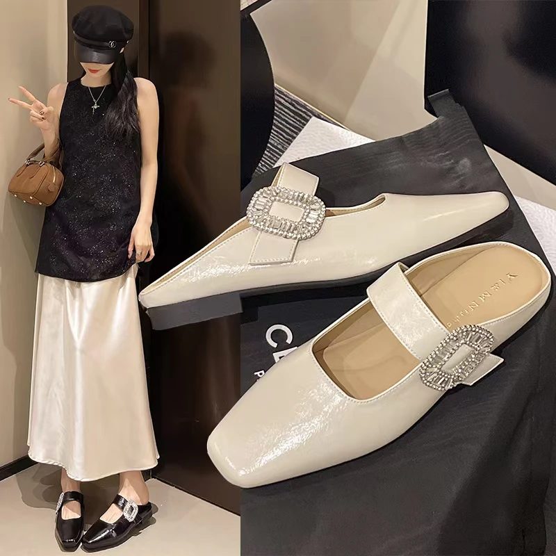 882501-16～D法式半拖鞋女外穿春夏新款时尚方头水钻平底凉拖鞋