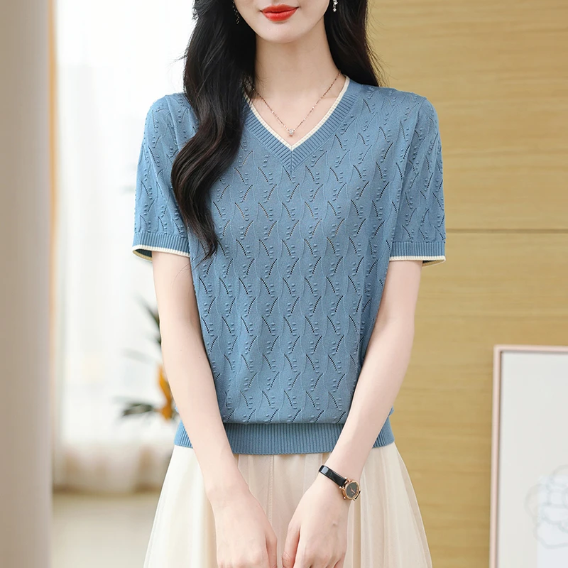 夏季100%莱赛尔天丝宽松V领洋气t恤透气中年女短袖上衣薄款气质