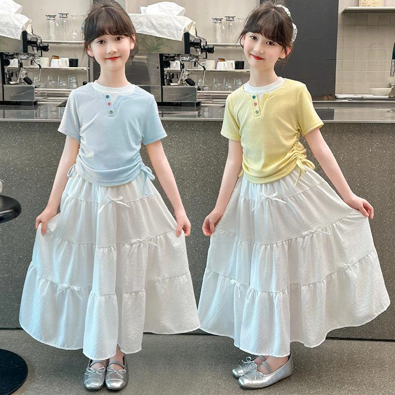 女童夏装裙子套装2025新款儿童洋气连衣裙大童夏季短袖T恤两件套