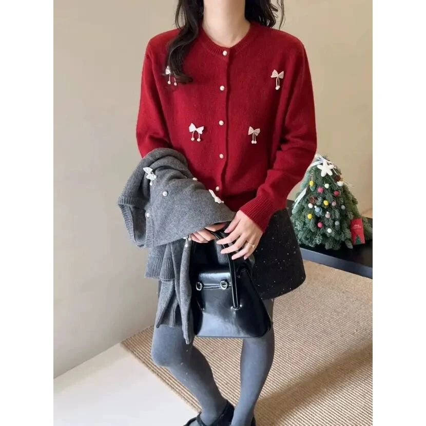 春秋新款针织开衫重工立体蝴蝶结韩版百搭洋气圆领针织毛衣外套