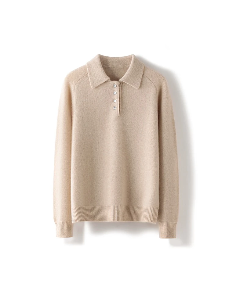 【100%山羊绒】女士Polo领马鞍肩针织羊绒衫8001