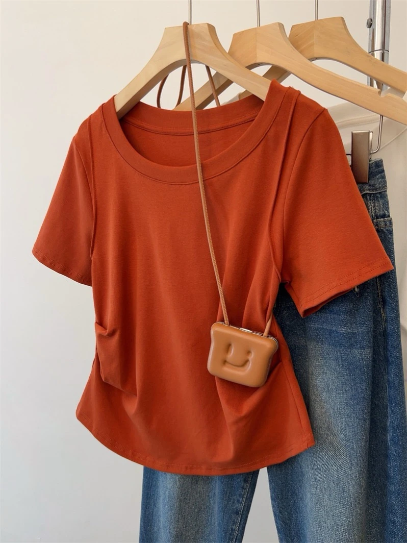 2025新款夏季新款胖MM百搭圆领休闲韩版纯色显瘦短袖T恤上衣纯色