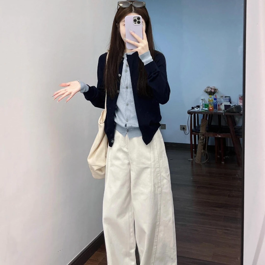 休闲撞色假两件针织开衫女早秋设计感毛衣外套秋冬时尚高级感上衣