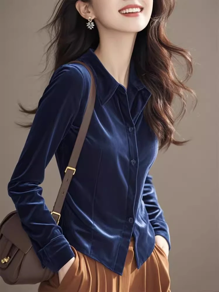 法式轻奢高级感藏蓝色丝绒POLO领长袖衬衫女2025新款独特漂亮小衫