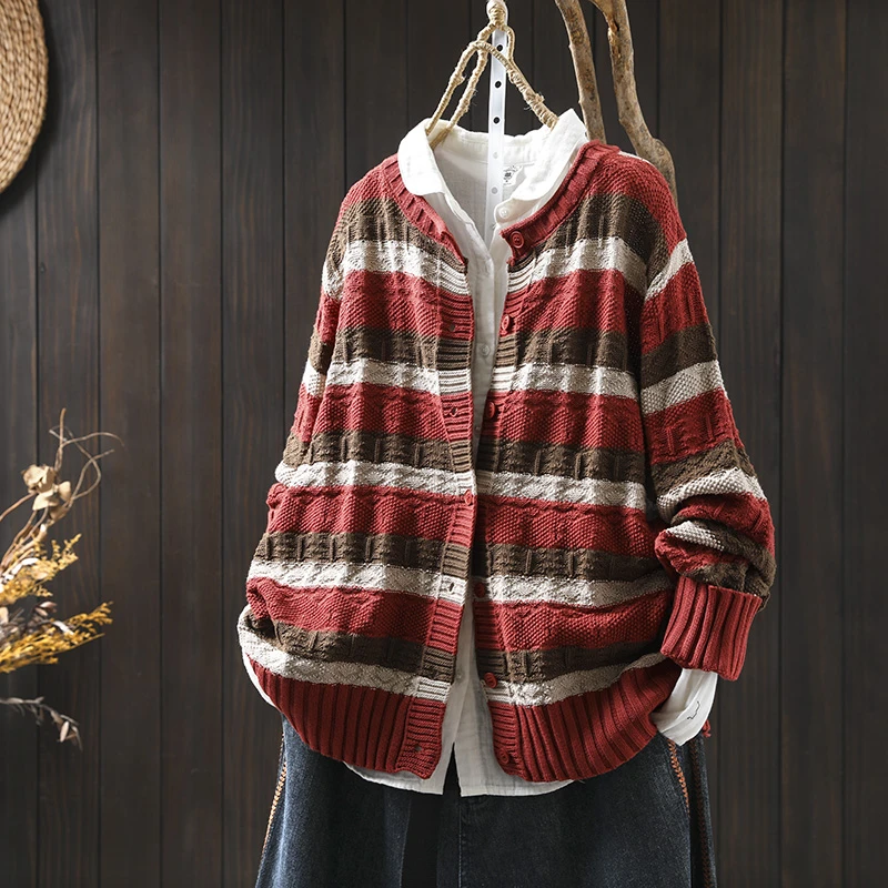 彩色条纹棉线针织衫开衫外套女宽松2025秋季新款减龄外搭红色上衣