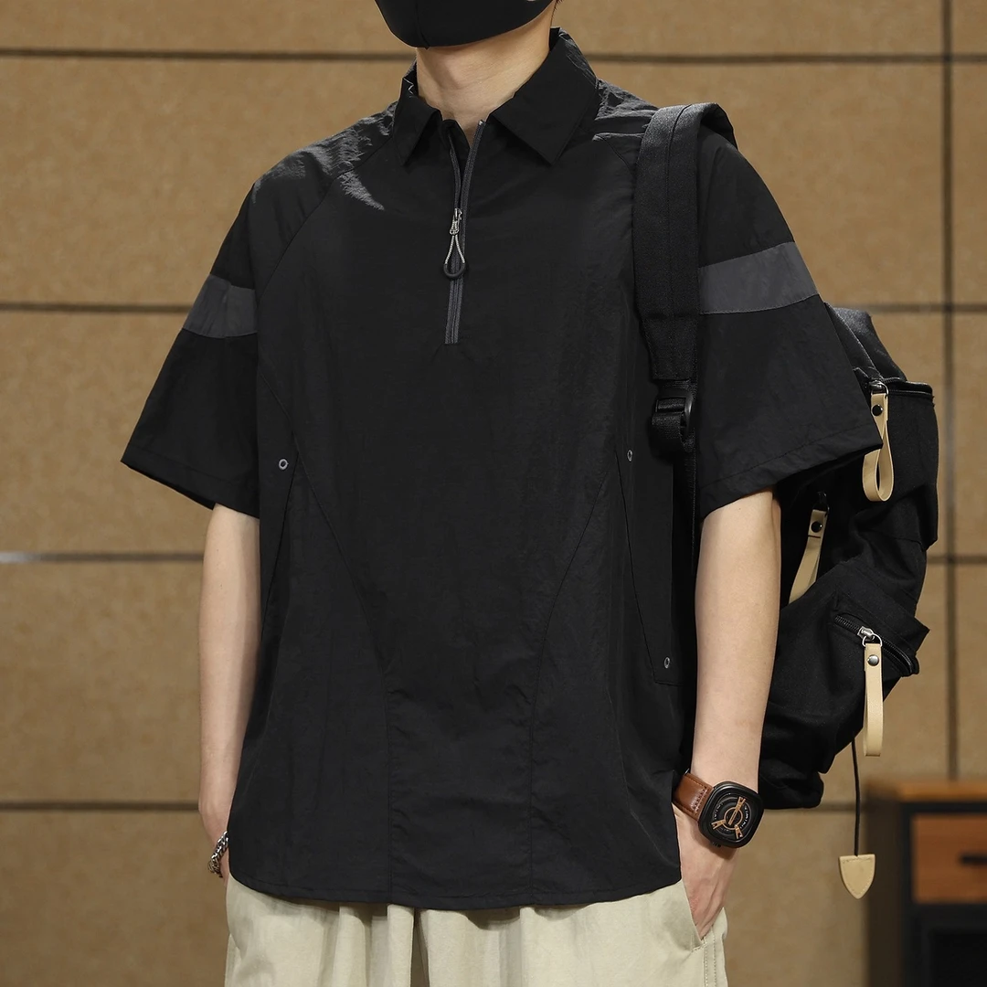 高端山系户外美式复古短袖Polo衫男夏季翻领速干T恤半拉链上衣男