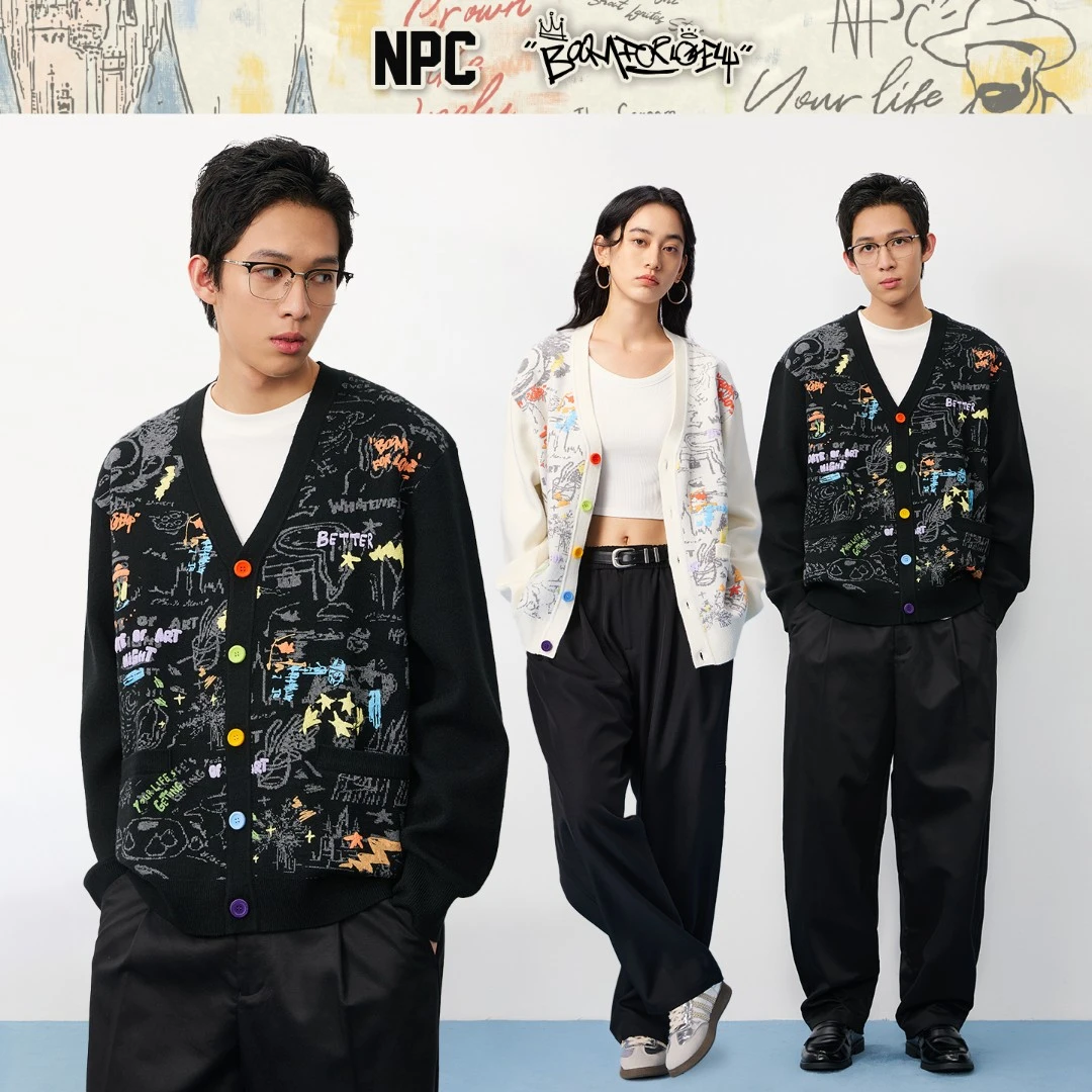 NPC潮牌【博物馆系列】满印印花涂鸦艺术v领开衫男慵懒宽松NP57SW54