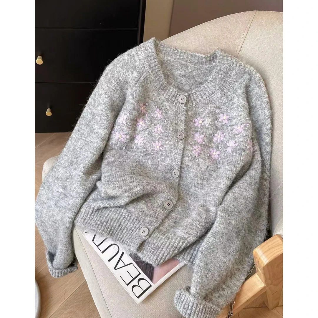 秋冬常规款刺绣厚款女毛针织衫百搭毛衣开衫