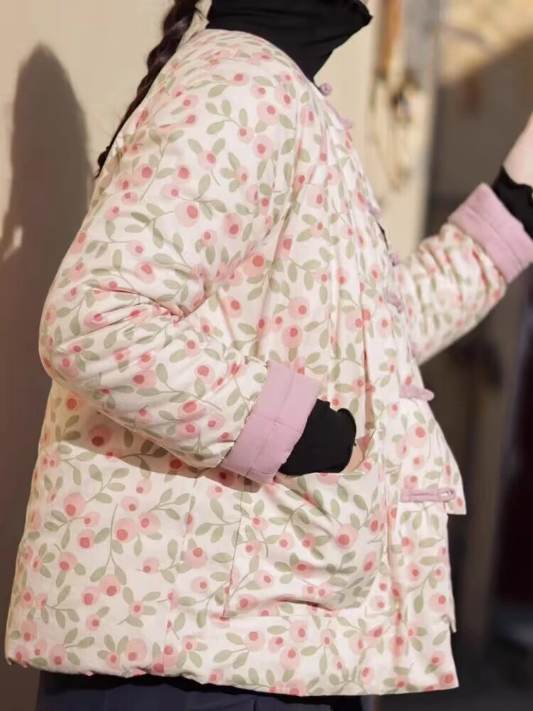 新中式盘扣碎花夹棉棉袄女通勤加厚保暖植物花卉长袖圆领棉服外套