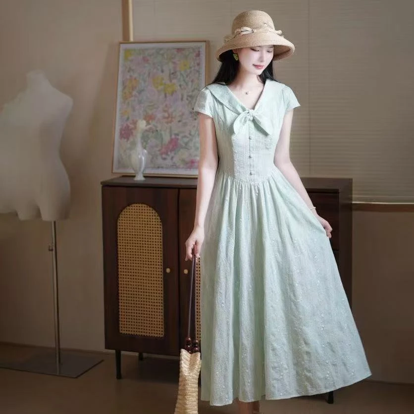 米芝娅法式甜美气质复古连衣裙夏季新款纯百搭收腰显瘦裙子时尚长