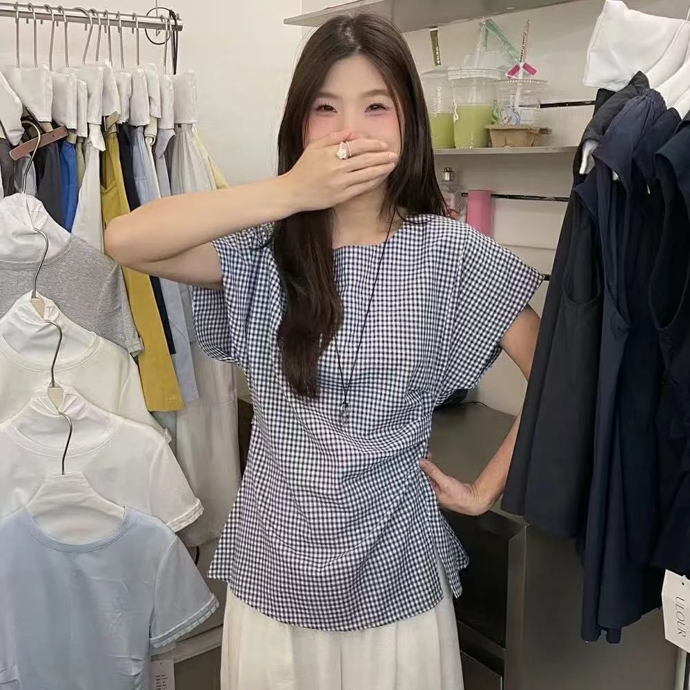 实拍韩系设计！2025新款气质圆领别致褶皱绑带短袖显瘦百搭小衫女