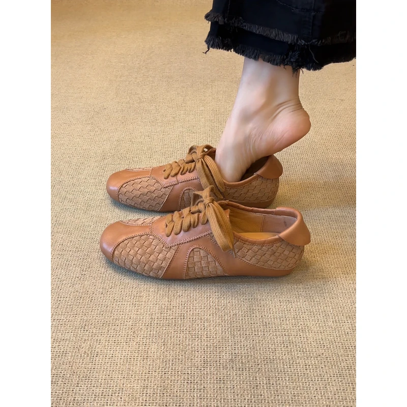nnmiss·34-40/1cm复古风圆头拼接编织深口系带德训鞋舒适平底单鞋