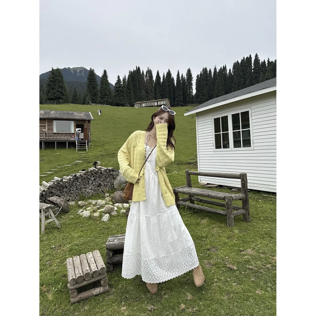 现货大婉酱微胖定制【小雏菊裙】温柔镂空吊带裙法式垂感长裙8903D