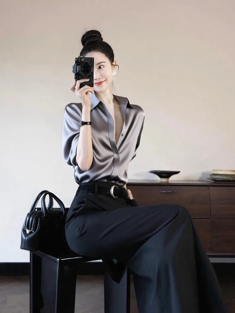 SS2020灰色缎面衬衫女2025衬衣韩版宽松女士衬衫上衣半裙两件套