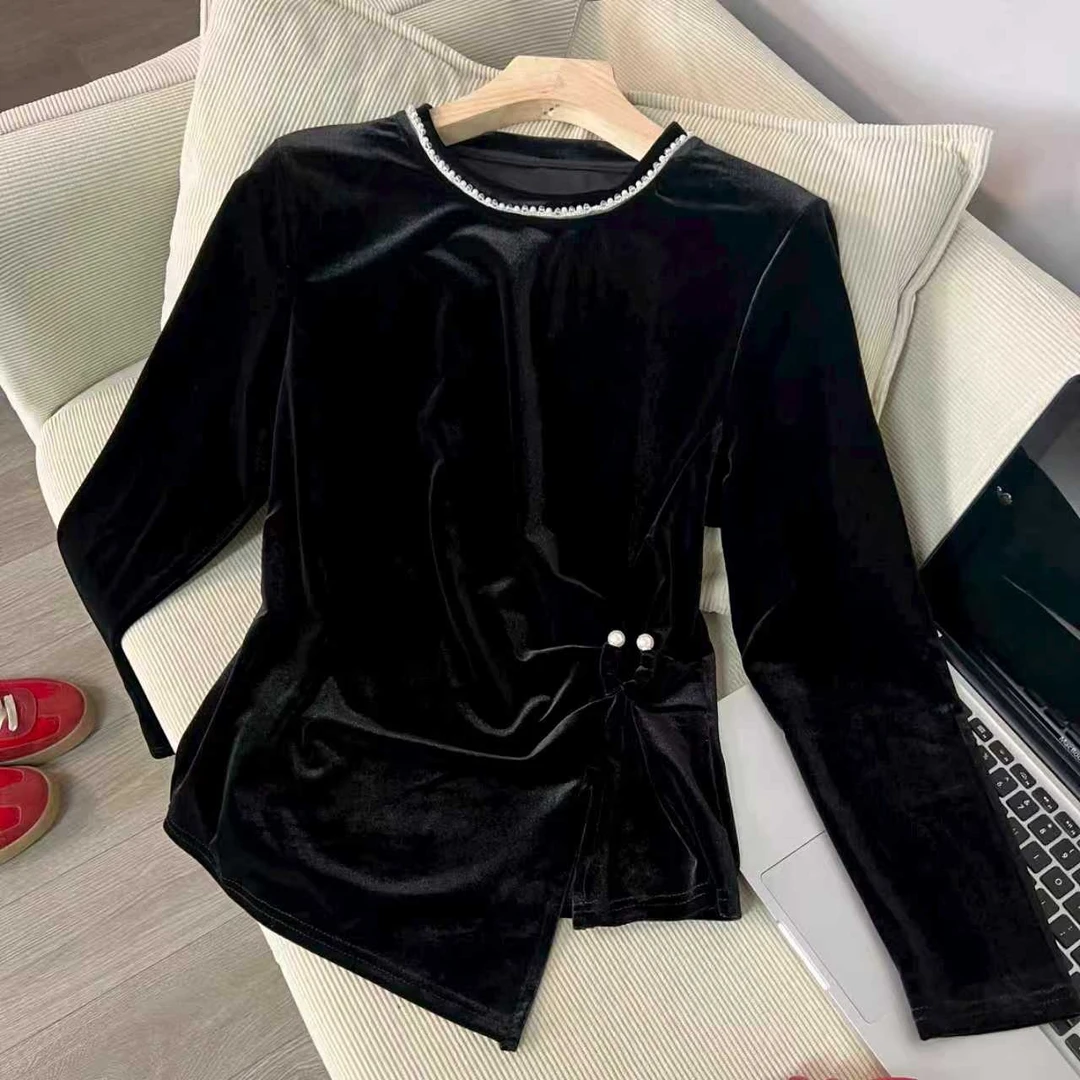 秋冬长袖套头设计师小衫时尚百搭显瘦气质黑色金丝上衣冬季打底