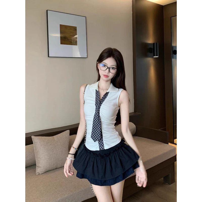 带胸垫格纹领带polo领无袖背心女夏收腰修身褶皱设计感短款上衣