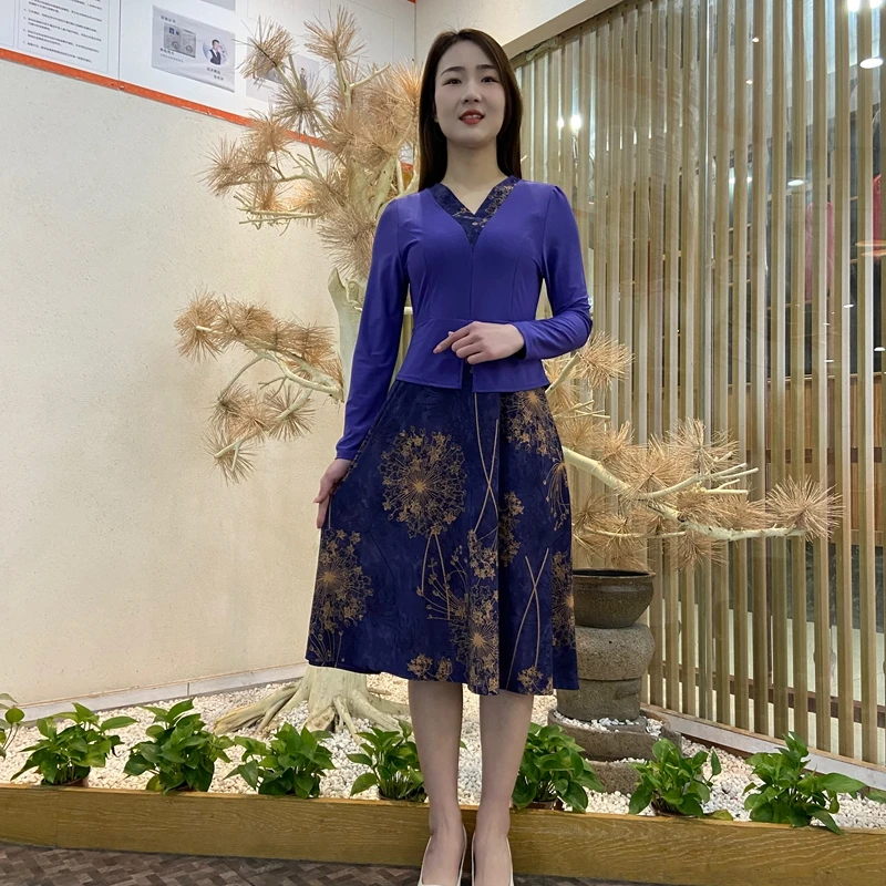 时尚新款拼接假两件印花连衣裙女春季新款中国范气质显瘦中长裙子