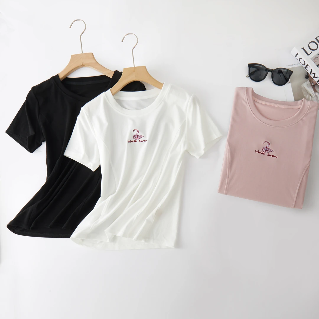 莱赛尔天丝+玻尿酸!重工刺绣小天鹅鱼骨短袖!