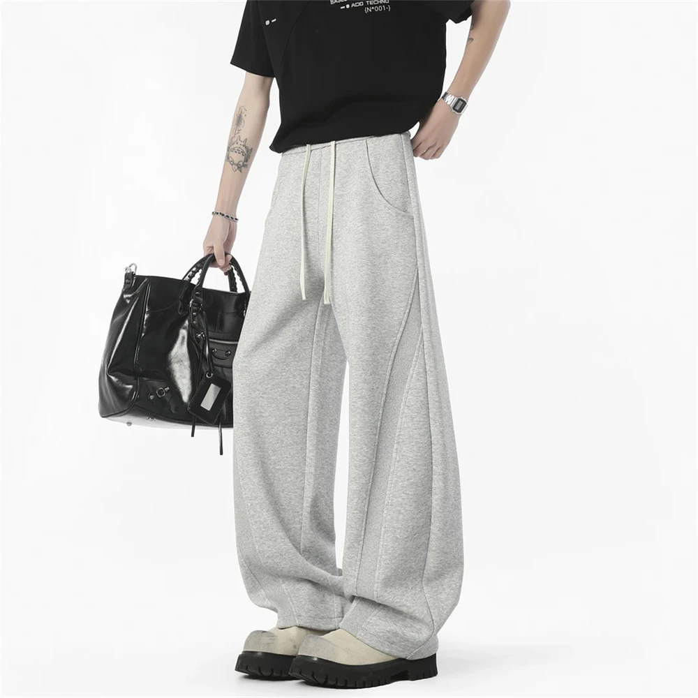 美式复古拼接弯刀裤子男夏季薄款阔腿重磅卫裤直筒垂感宽松休闲裤