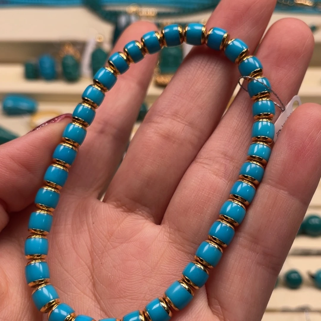 18K金镶嵌绿松石珠宝奇石金盾手串