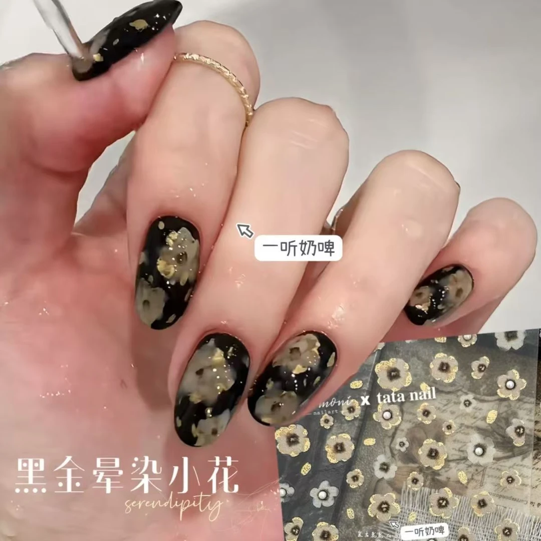 爆款复古黑金不规则晕染小花浮雕美甲贴纸镶钻烫金ins甜酷花背胶
