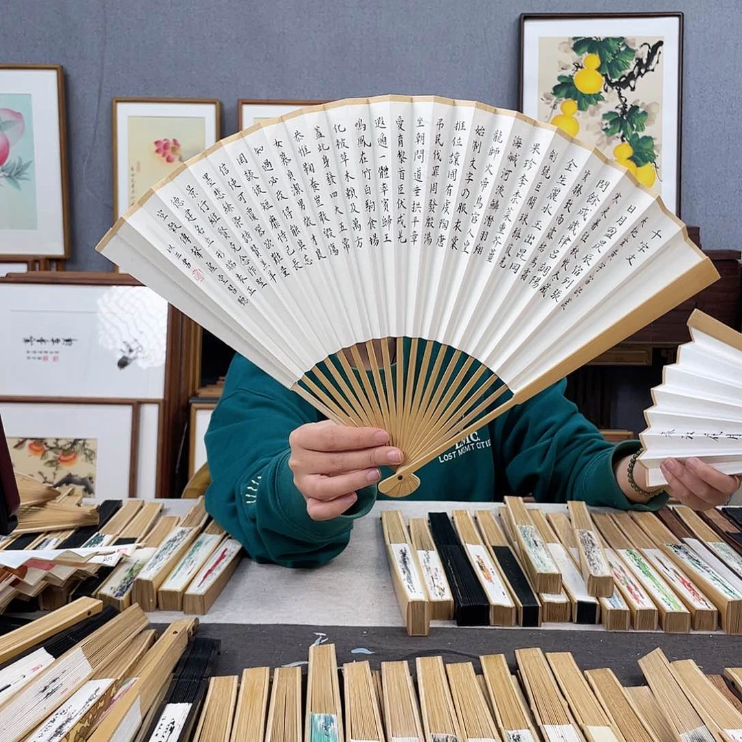 国画95寸玉竹-纯手绘-文玩扇骨（默认粘好）千字文