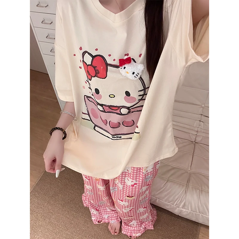 2025年新款可爱卡通凯蒂猫印花睡衣女夏季新款家居服套装外穿