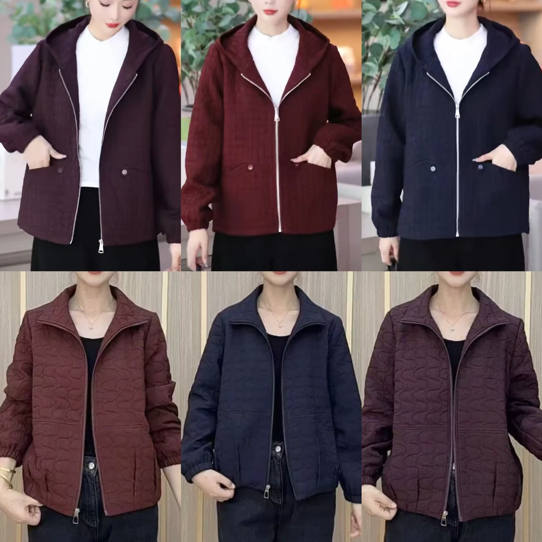 中老年女性春秋连帽时尚休闲大码短款夹克外套